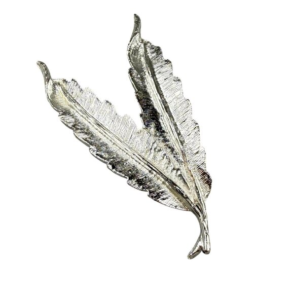 Silver-Tone Leaf Pin Brooch With Dual Feather Design Vintage Pin Jewelry - Picture 1 of 13